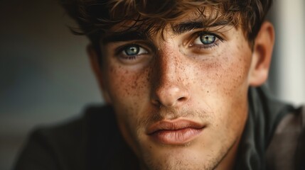 A young man with brown hair and freckles looks at the camera.