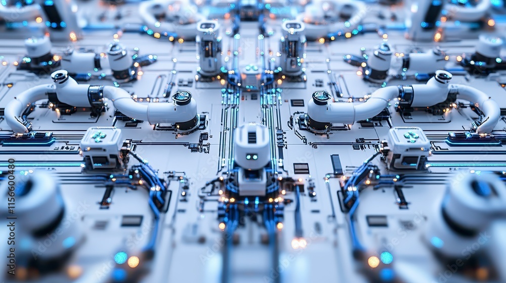 Poster a close-up view of a complex circuit board with intricate pathways, connectors, and illuminated elem