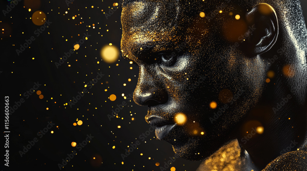 Poster boxer which consists of points. particles in the form of a boxer on a dark background. vector illust