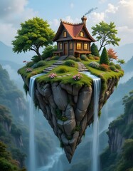 House on a Floating Island with Waterfall