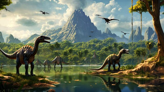 Dinosaurs graze by a lake in a prehistoric valley with lush vegetation and a towering volcano in the background