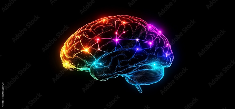 Poster a colorful, glowing representation of a brain with neural connections.