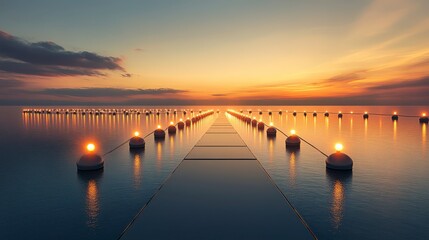 Obraz premium A serene sunset over calm waters, featuring a pier lined with lights that creates a tranquil and picturesque atmosphere.