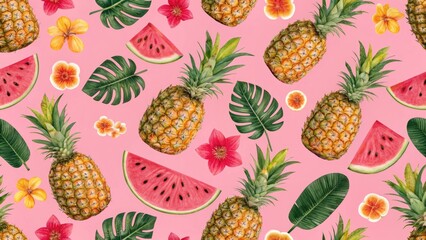 Vibrant tropical fruit pattern with pineapples and watermelons