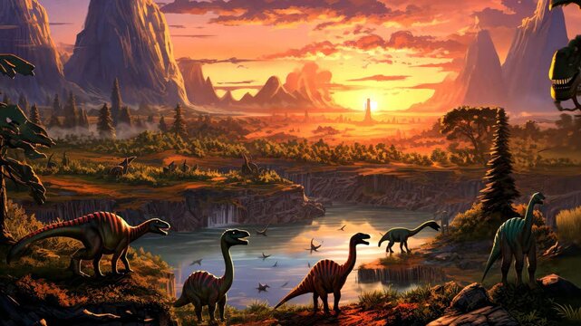 Dinosaurs graze by a river in a lush prehistoric valley as the sun sets behind towering mountains, casting a warm glow over the landscape