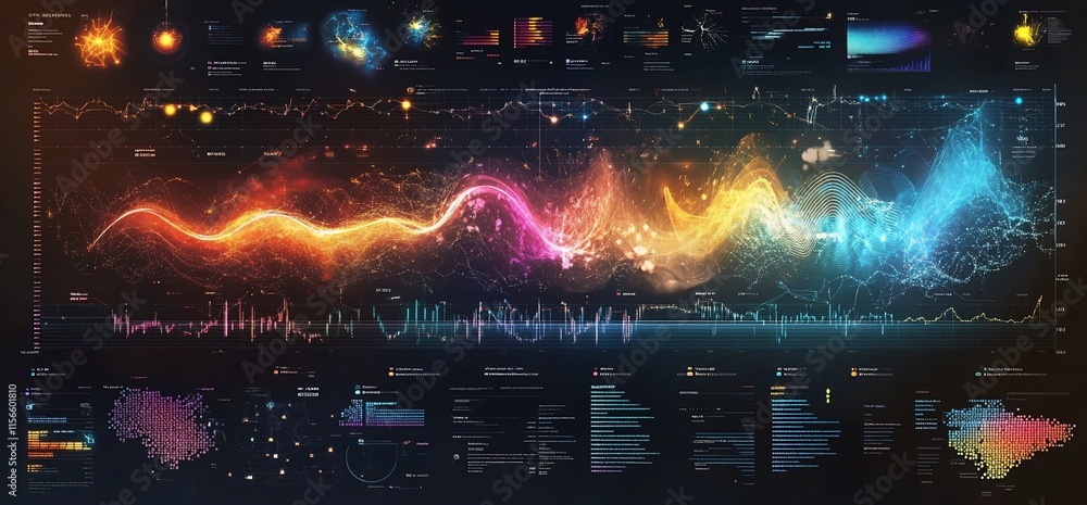 Poster a colorful visualization of data and cosmic phenomena in a scientific infographic.