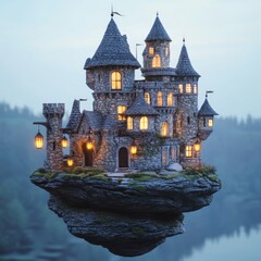 Naklejka premium A magical stone castle sits on a floating rock island, illuminated by warm lights at dusk.