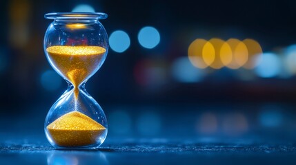 A close-up of an hourglass filled with golden sand, set against a blurred background of colorful lights, symbolizing the passage of time.