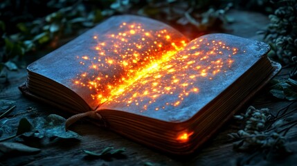 An enchanting book opens, revealing a magical glow and sparkles, set against a nature backdrop, evoking mystery and wonder.