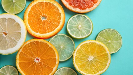 Obraz premium Fresh citrus slices on vibrant turquoise background
