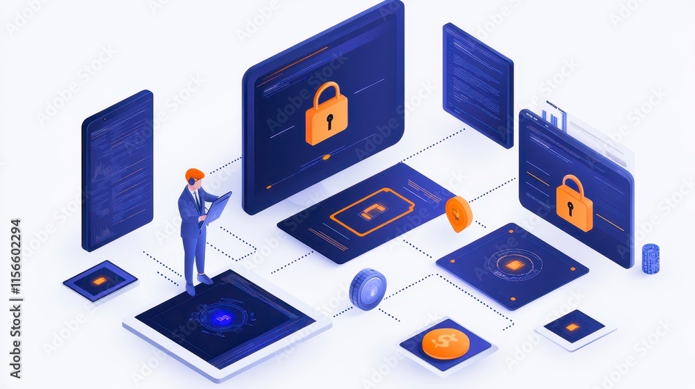 Poster a sleek digital illustration depicting a figure interacting with devices displaying security icons, 