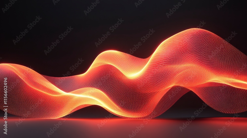 Poster a vibrant, flowing wave of glowing red particles against a dark background, creating a dynamic and e