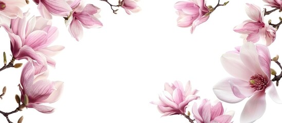 Fototapeta premium Pink magnolia blossoms frame on white.