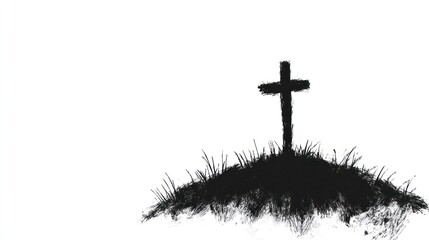 Brush Painted Christian Cross on Hill with Copy Space in B&W Isolated on White