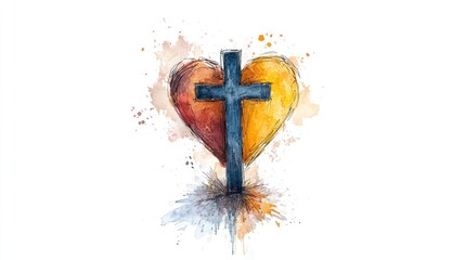 Colorful Watercolor Heart with Black Christian Cross - Religious Symbol on White Background