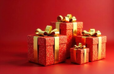 
three red gift boxes with golden ribbons on a red background