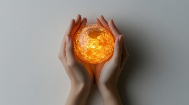 A pair of hands gently cradles a glowing, spherical object that radiates warmth and light, symbolizing care and energy.