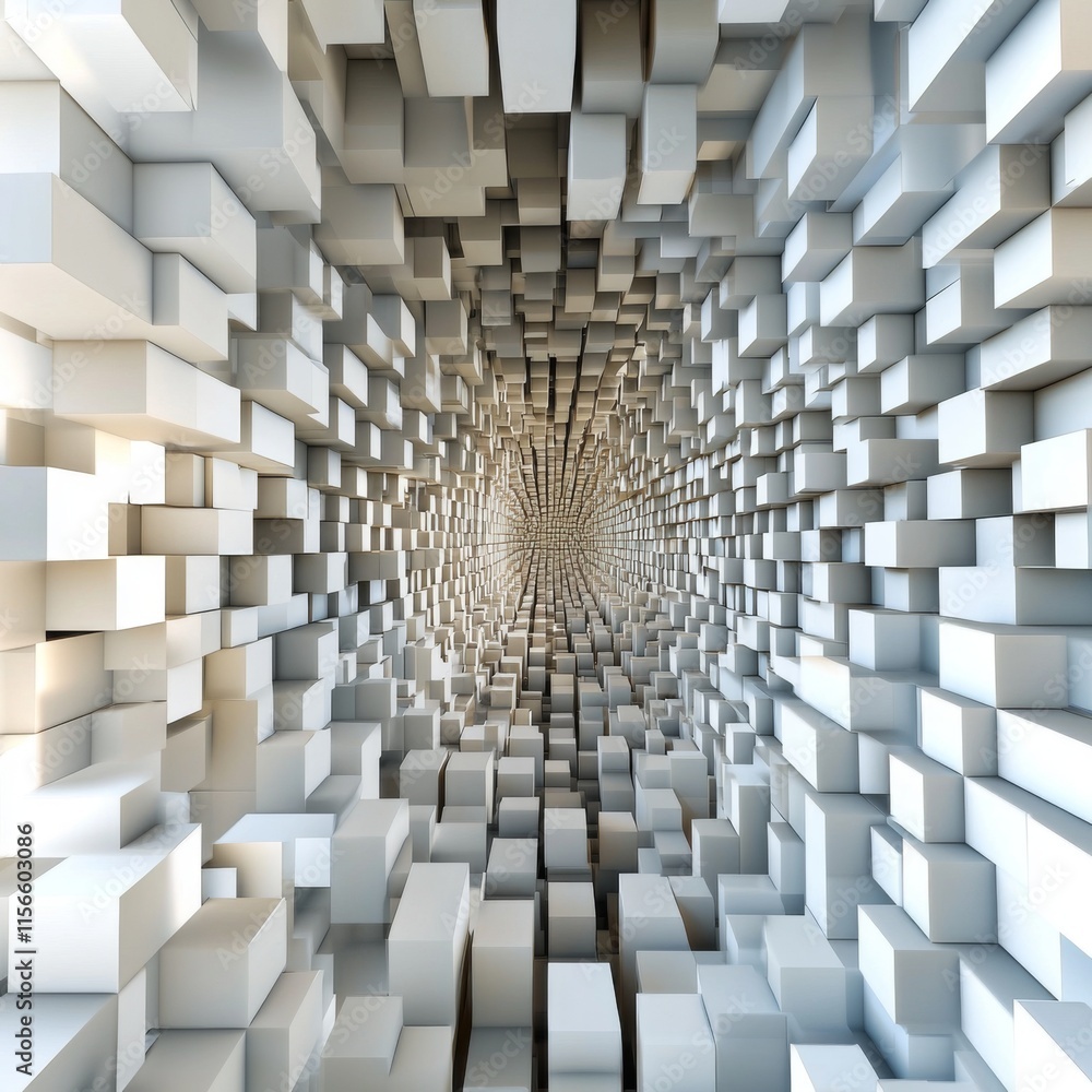 Poster abstract 3d rendering of a tunnel made of white cubes, creating a perspective effect and depth.