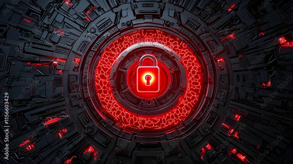 Poster futuristic lock symbol in a high-tech red circular design