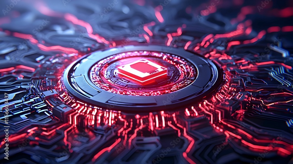 Poster red circuit board technology background with central processor design