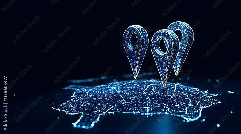 Poster digital map with glowing location pins in a dark environment