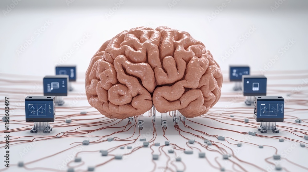 Aufkleber a stylized brain connected to computers, symbolizing the fusion of human intelligence and technology