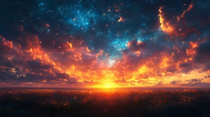 Fiery Sunset Sky Over a Field of Flowers