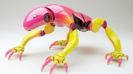 Fototapeta premium A vibrant, robotic creature resembling a lizard, featuring pink and yellow colors, with articulated limbs and a sleek design.