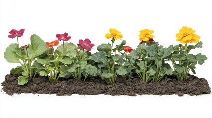 A vibrant garden bed featuring colorful flowers and lush green leaves, showcasing a joyful display of nature's beauty.