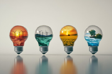 Creative concept of renewable energy represented in light bulbs showcasing wind, solar, water, and tree energy sources, symbolizing sustainability and eco-friendly power generation