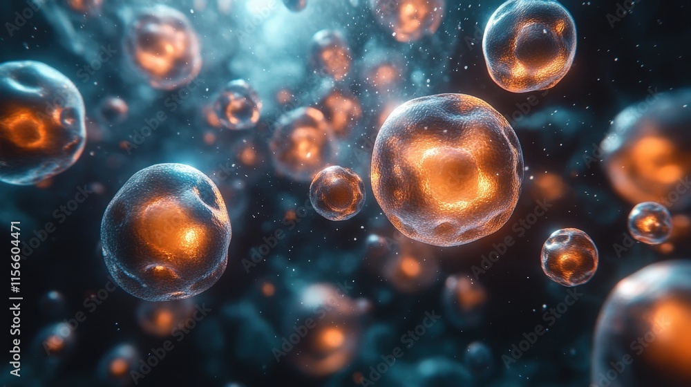 Poster glowing cells floating in dark space.