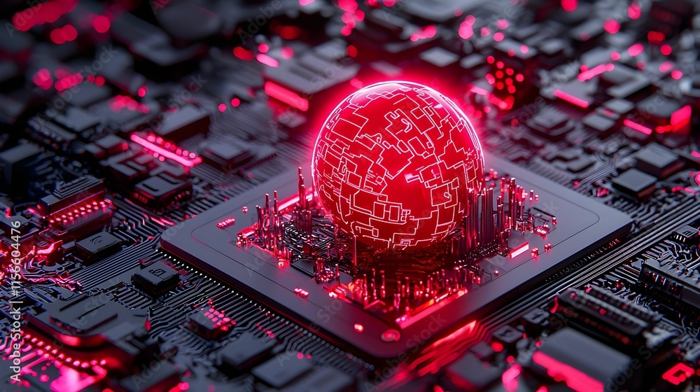Poster futuristic circuit board with glowing red sphere and digital patterns