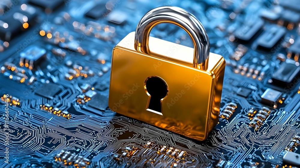 Poster golden padlock on circuit board representing digital security concept