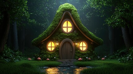 Fototapeta premium Enchanting mossy cottage nestled in a dark forest at night, illuminated windows, small stream.
