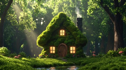 Mossy cottage in enchanted forest, sunlight streams through trees, small creek.