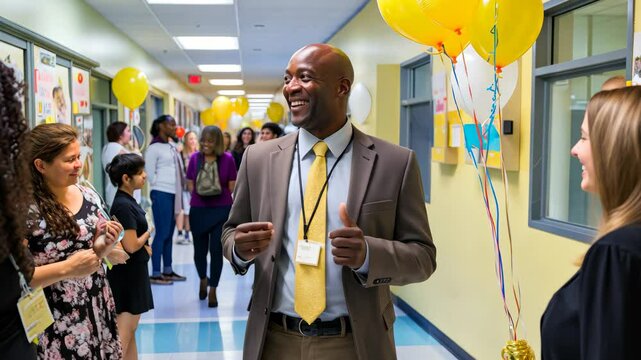 A principal, wearing a suit and tie, smiles and greets new students entering the school. The students are standing in a line, and the hallway is decorated with balloons