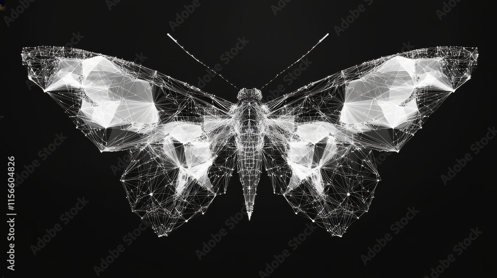 Aufkleber butterfly low poly wireframe isolated black on white background. abstract mash line and point origam