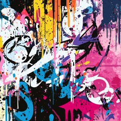 Abstract colorful graffiti art with splashes and drips.