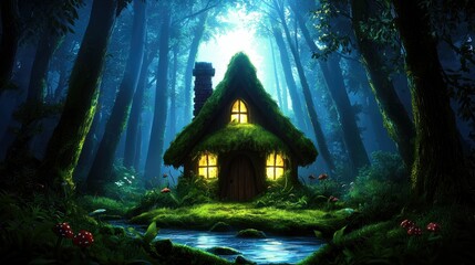 Fototapeta premium Enchanting moss-covered cottage nestled in a mystical, moonlit forest, illuminated windows, small stream.