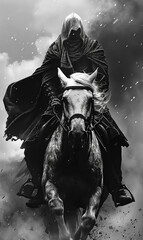 Fototapeta premium Black and White Hooded Horseman with Roman-Greek Flair