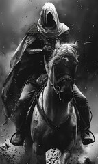 Naklejka premium Black and White Hooded Horseman with Roman-Greek Flair