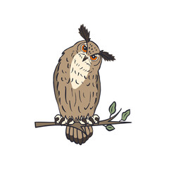 Hand drawn line art eagle-owl sitting on tree branch isolated on white background. Nocturnal bird vector illustration.