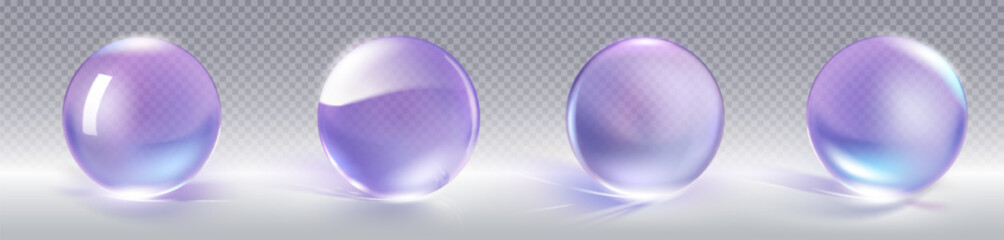 3D glass balls set isolated on transparent background. Vector realistic illustration of purple crystal spheres with light flare and reflection on glossy surface, cosmetic gel bubbles, decoration beads