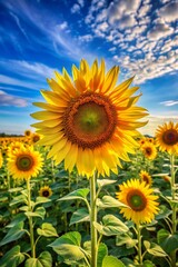 Fototapeta premium beautiful sunflower closeup surrounded by a field of golden flowers under a bright sky, ideal for mobile wallpaper background