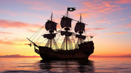 Obraz premium Silhouette of a pirate ship sailing at sunset.
