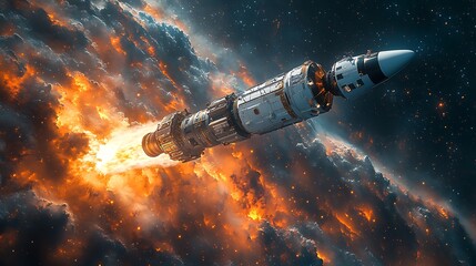 Obraz premium Spaceship Ascending Through Fiery Cosmic Nebula