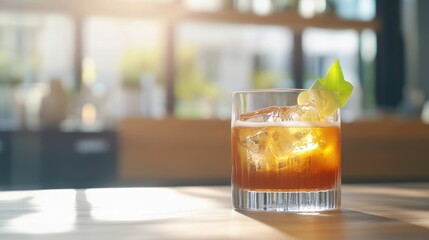 Iced cocktail drink in a rocks glass on a bar counter, sunlit.
