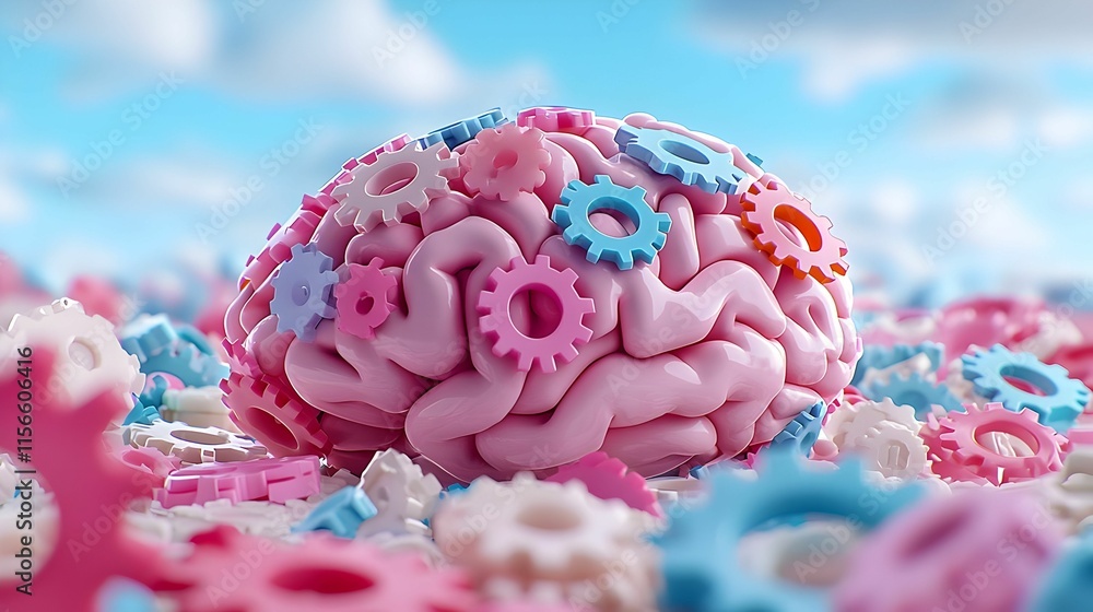 Poster colorful brain model surrounded by gears and cogs in clouds