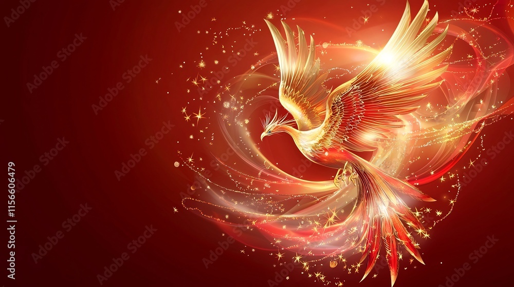 Poster radiant mythical phoenix outline design with gold accents on a vibrant red background created as a 3
