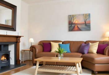 A cozy living room with a brown leather sofa, colorful throw pillows, a wooden coffee table, and a framed abstract art piece on the wall, surrounded by a fireplace.